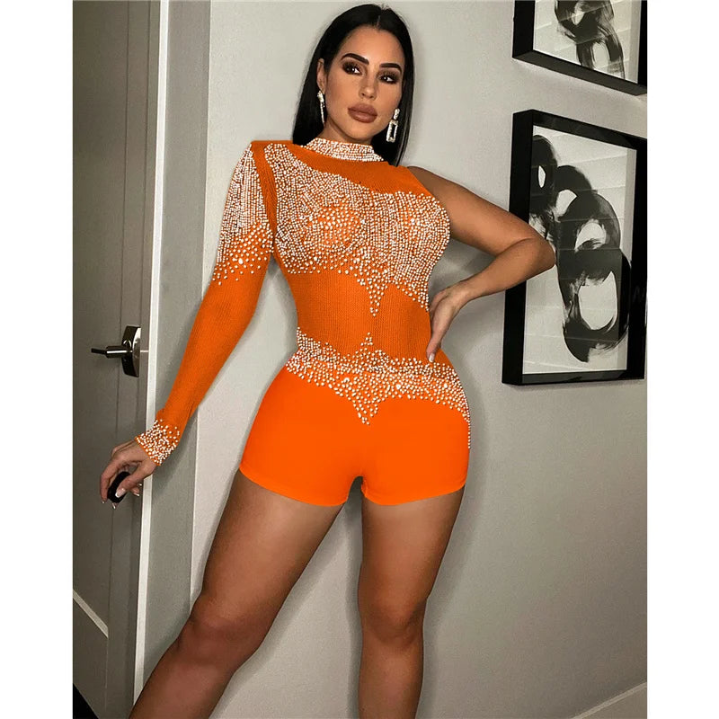 Sparkly Rhinestones Mesh Rompers Womens Jumpsuit Shorts Sexy Birthday Club Outfits One Sleeve Sheer Bodycon Playsuit Woman 2022