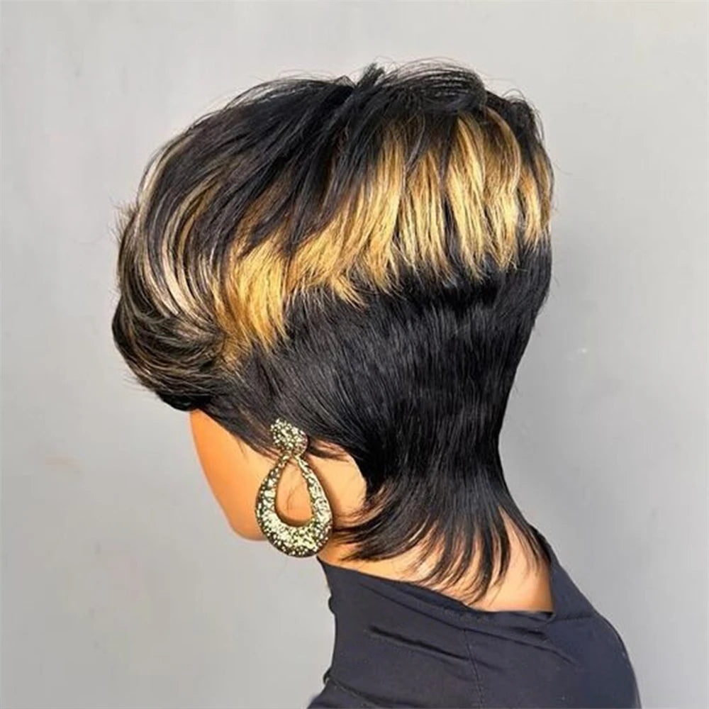 Pixie Cut Wig Human Hair Wigs for Black Women Full Machine Made Wigs Short Layered Haircut Wigs with Bangs Cheap Wigs For Women