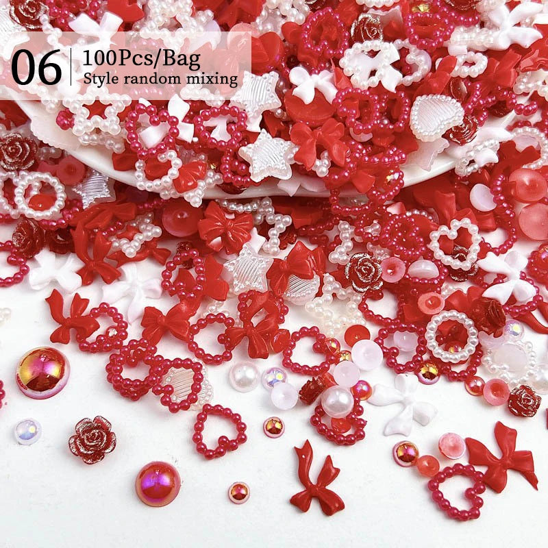 100/200pcs 3D Mixed Nail Decorations Kawaii Heart Flower Bear Pearl Design Rhinestone Nail Art Charms Jewelry Manicure Accessory