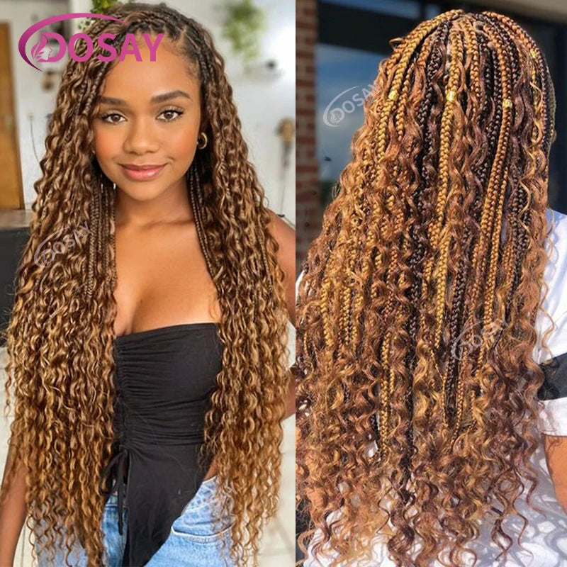 36" Full Lace Boho Braided Wigs Synthetic Knotless Box Braids Wig for Black Women Ombre Blonde Curly Hair Ends Goddess Braid Wig