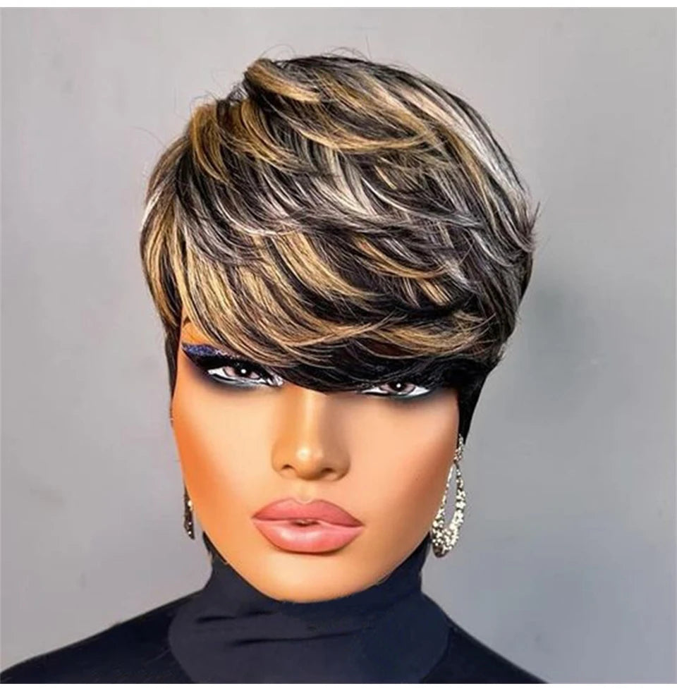 Pixie Cut Wig Human Hair Wigs for Black Women Full Machine Made Wigs Short Layered Haircut Wigs with Bangs Cheap Wigs For Women