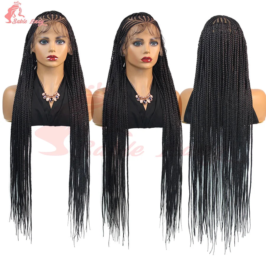 36Inch Knotless Box Braided Wigs Synthetic Full Lace Cornrows Braids Wig With Baby Hair Goddess Fulani Braiding Wigs Black Women
