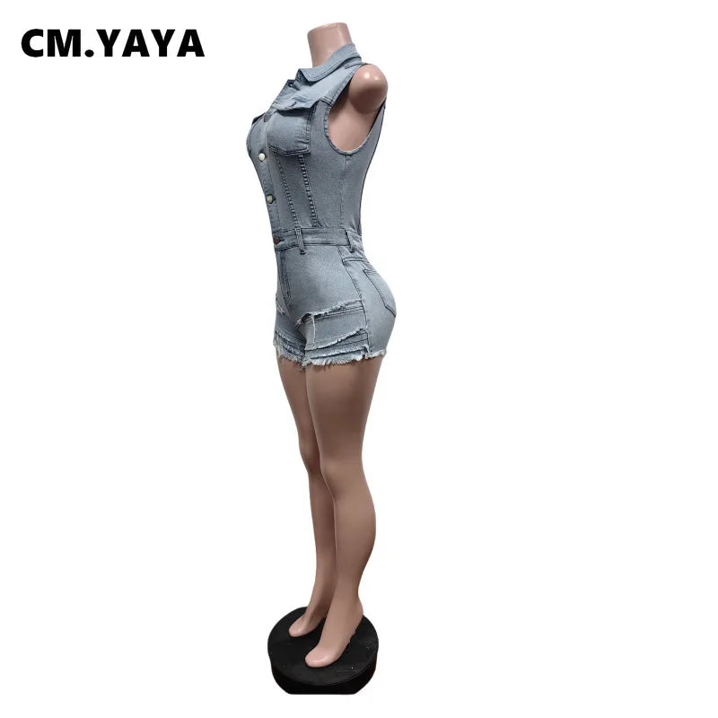 CM.YAYA Women V-neck Short Sleeve Denim tassel Short Jumpsuit Playsuits 2025 Summer Street Party Jeans Romper One Piece Outfits