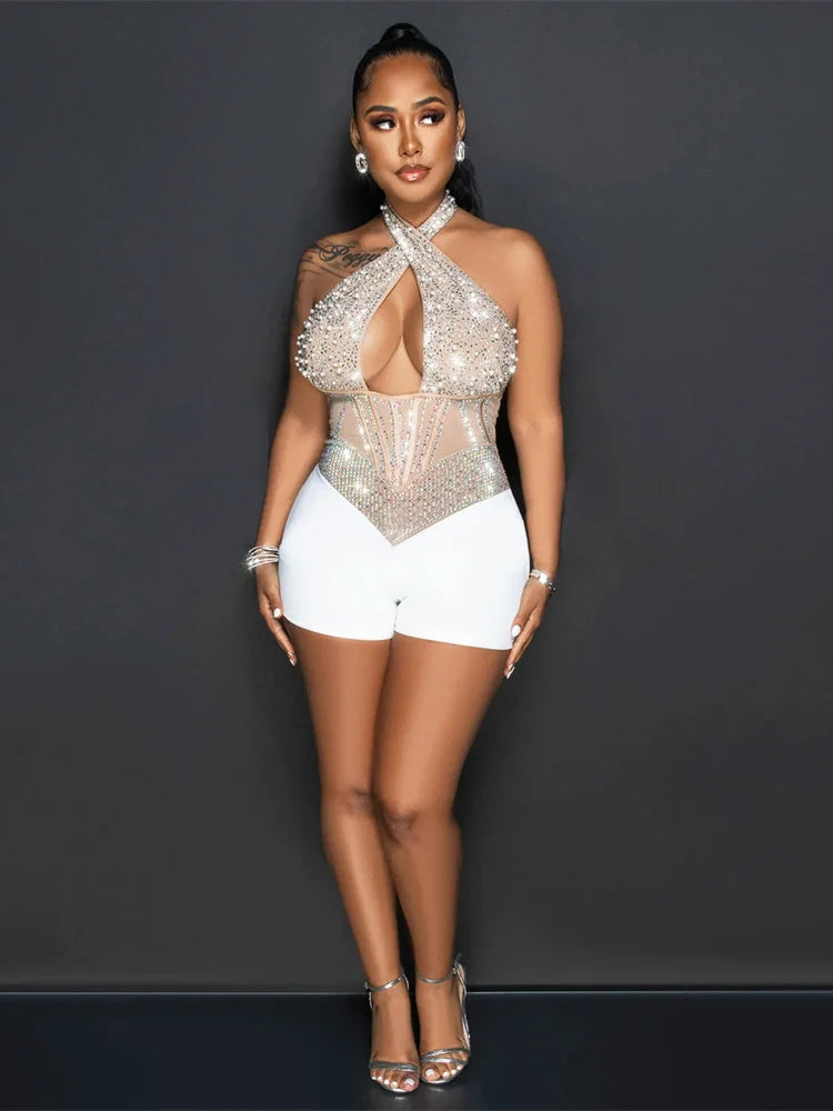 Weird Puss Sequins Halter Women Bodysuit Sparkle Hollow Backless Sleeveless Patchwork Sexy Stage Performance Party Playsuits