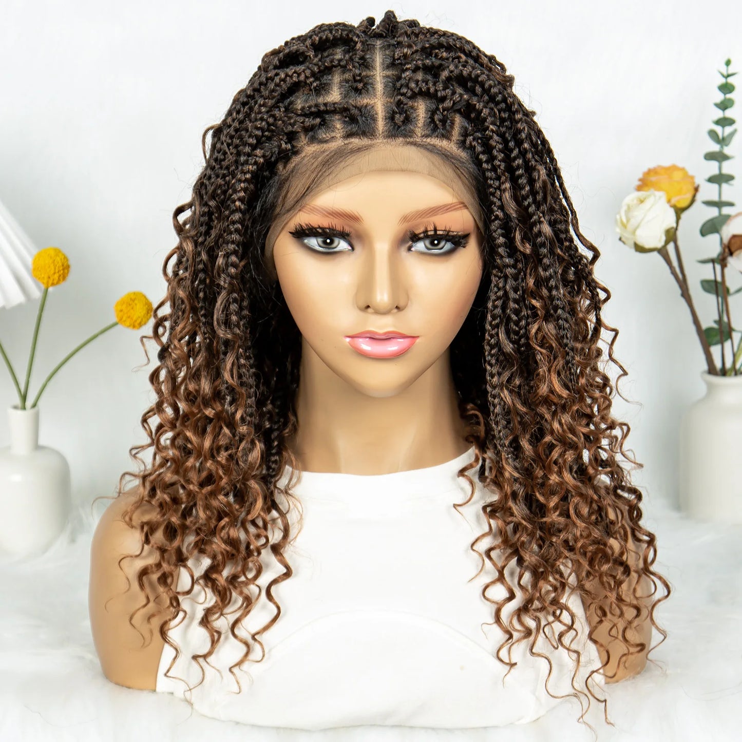 Kima Short Bohemian Box Braids Braided Wig Full Lace Boho Braided Wigs Synthetic Curly Hair with Baby Hair for Black Women