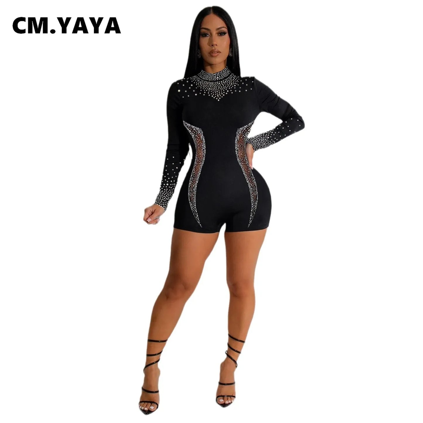CM.YAYA Women Diamonds Mesh Patchwork Long Sleeve Playsuits Short Jumpsuits 2025 Spring Sexy Party Club One Piece Outfit Rompers