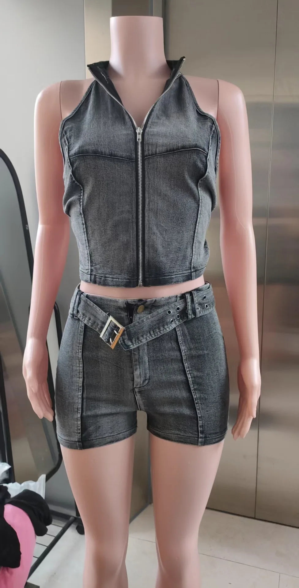 Weird Puss Distressed Style Denim 2 Piece Set Women Zipper Cardigan Sleeveless Crop Top+Skinny Shorts Hottie Street Hipster Suit
