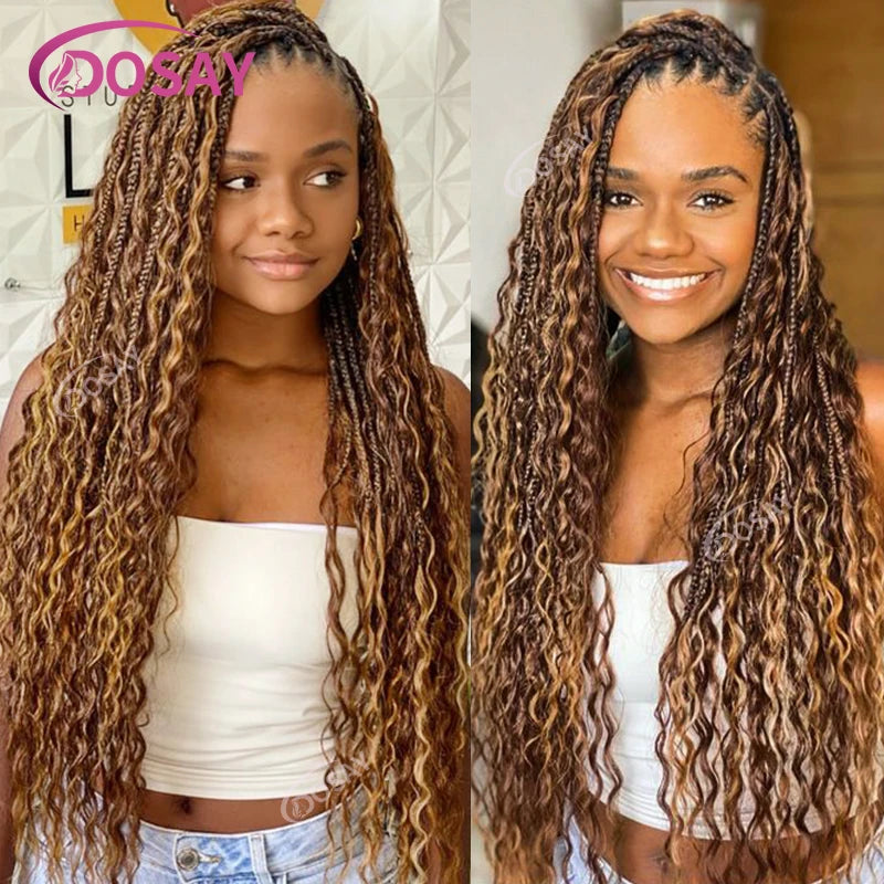 36" Full Lace Boho Braided Wigs Synthetic Knotless Box Braids Wig for Black Women Ombre Blonde Curly Hair Ends Goddess Braid Wig