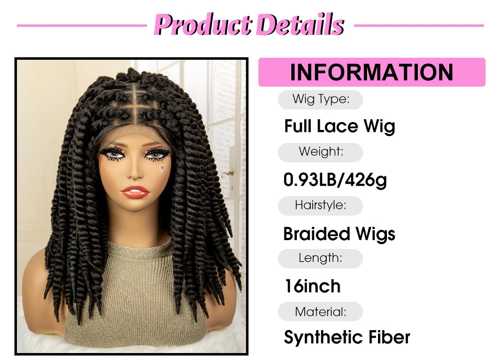 Synthetic Twisted Braided Wigs for Black Women Full Lace Synthetic Braided Wigs Brown Bob Wig Knotless 16 Inch