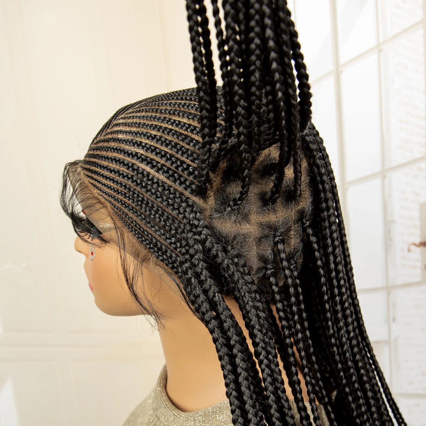 Full Lace Synthetic Afro Cornrow Braided Wigs Back Knotless Box Braids Wig for Black Women 36 Inches Handmade Braiding Wig