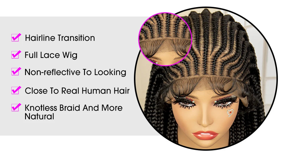 34 Inches Handmade Synthetic Braiding Wig HD Full Lace Cornrow Braided Wigs Back Knotless Box Braids Wig for Black Women
