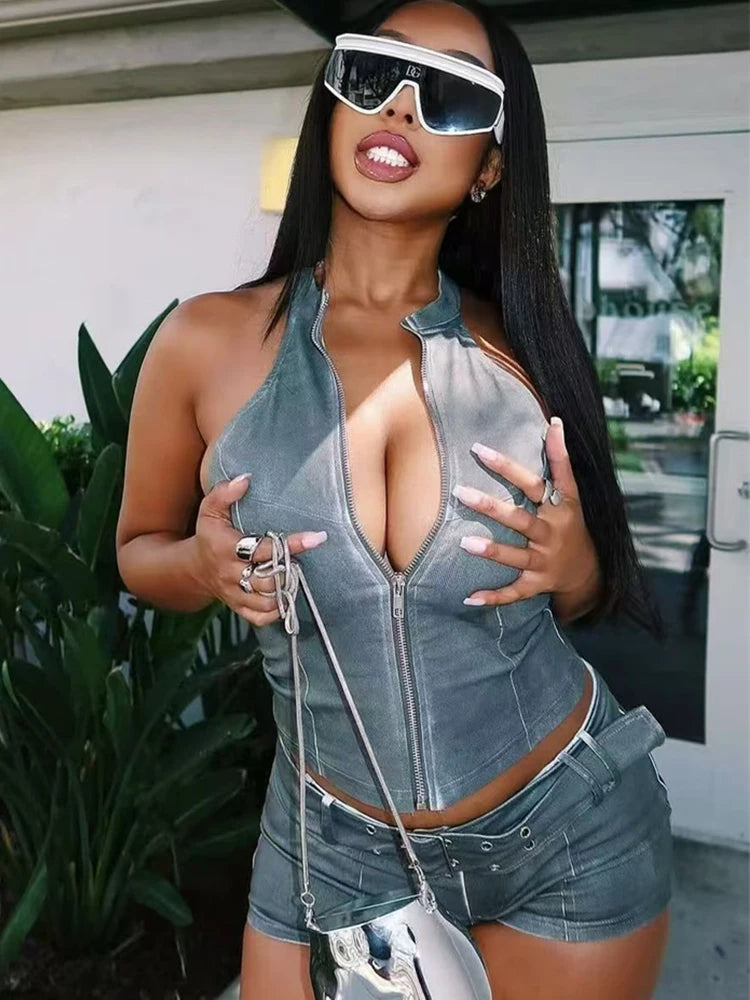 Weird Puss Distressed Style Denim 2 Piece Set Women Zipper Cardigan Sleeveless Crop Top+Skinny Shorts Hottie Street Hipster Suit