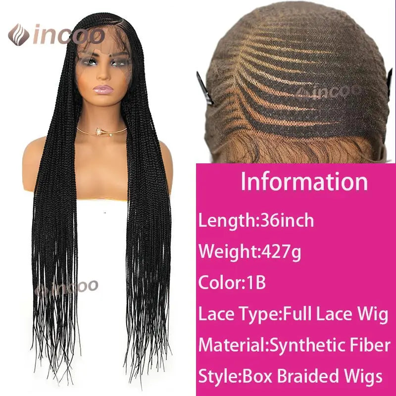36" Cornrow Braided Wigs Synthetic Handmade Side Part Braided Wig Full Lace Frontal Braiding Wig Goddess Knotless Box Braids Wig