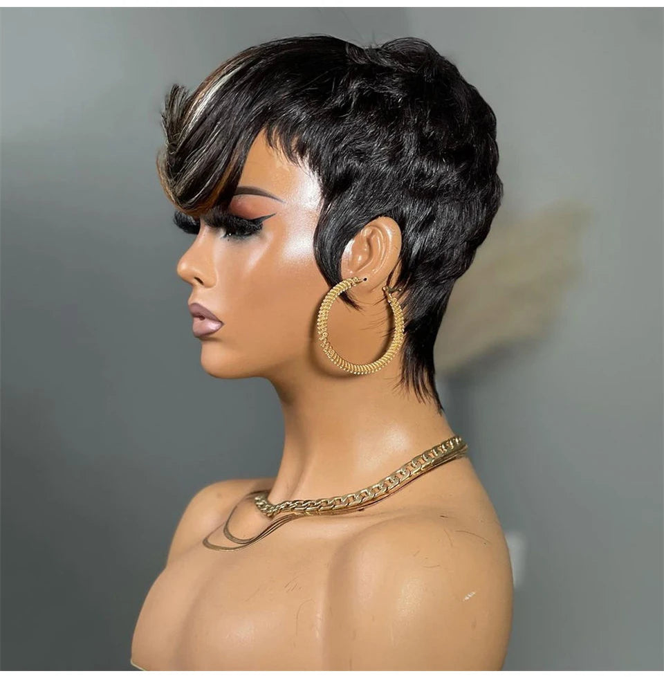 Short Pixie Cut Wigs Human Hair Blonde Green Highlight Short Bob Wigs 613 Burgundy 99J Colored Brown full Machine made Wigs