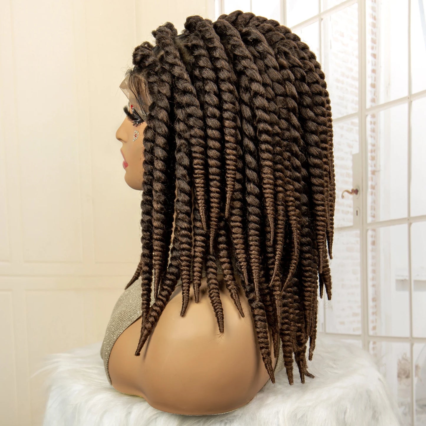 Synthetic Twisted Braided Wigs for Black Women Full Lace Synthetic Braided Wigs Brown Bob Wig Knotless 16 Inch