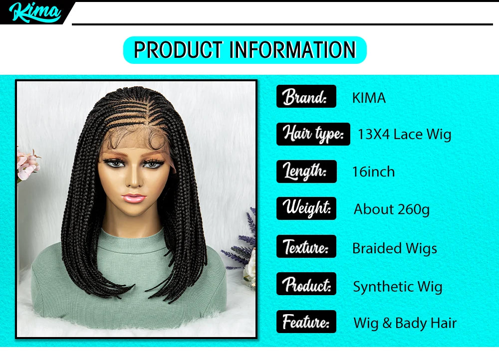 Short Box Braided Wig Synthetic Bob Wig Knotless Braiding Wig Lace Front 16 Inches Afro Braided Hair For Black Women