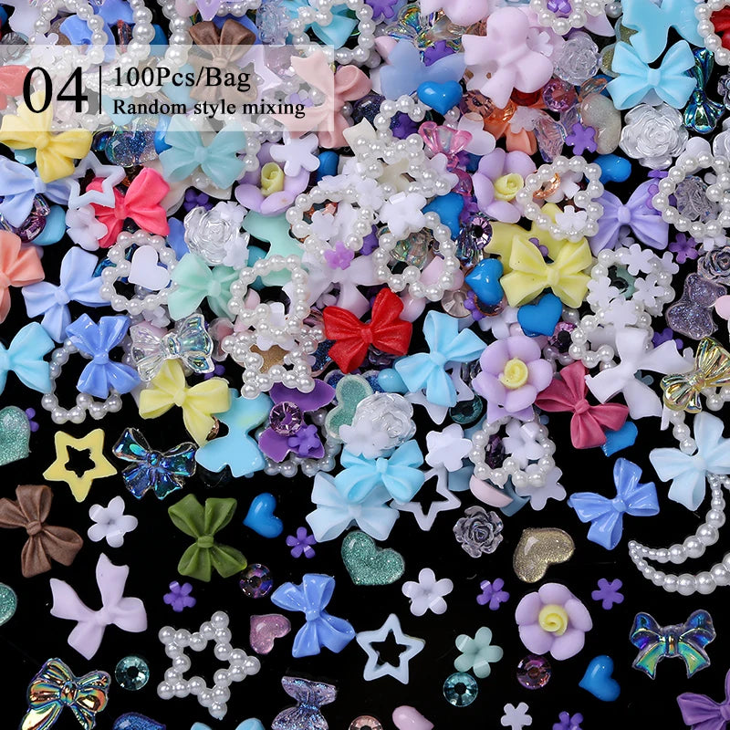 100/200pcs 3D Mixed Nail Decorations Kawaii Heart Flower Bear Pearl Design Rhinestone Nail Art Charms Jewelry Manicure Accessory