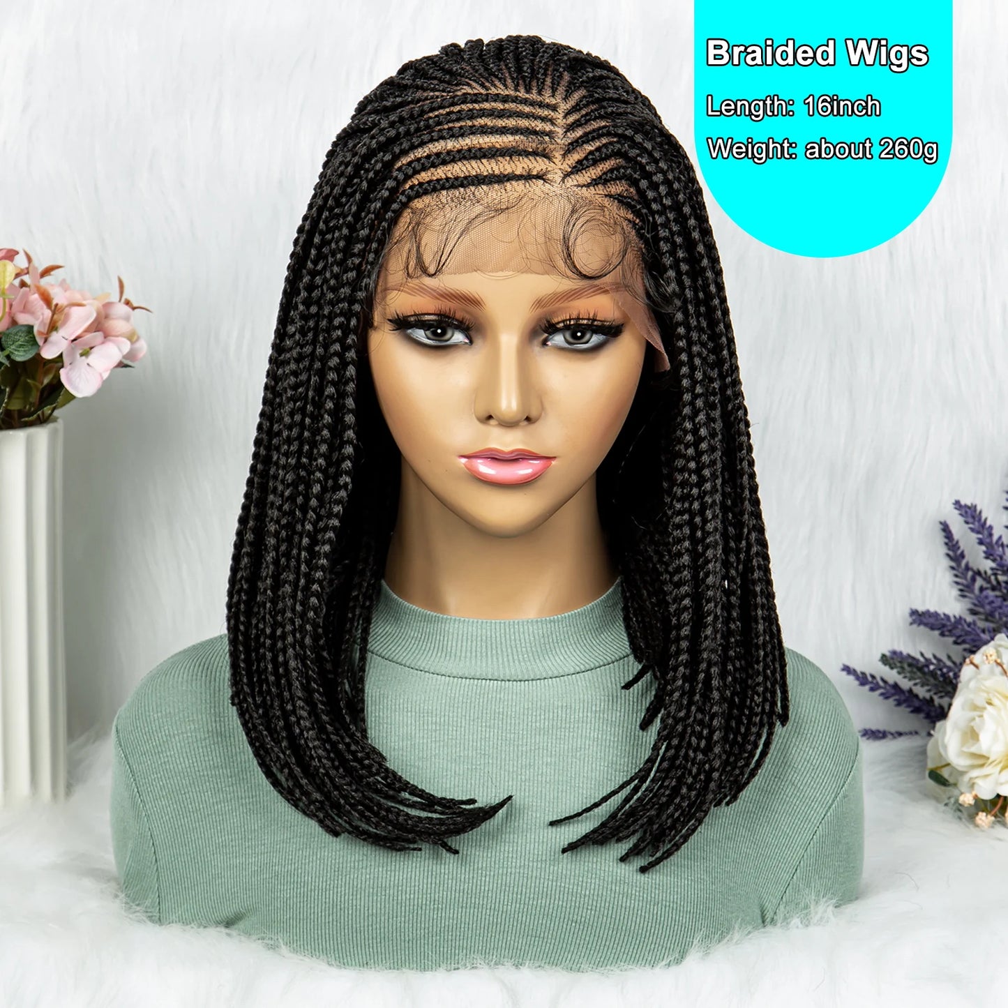 Short Box Braided Wig Synthetic Bob Wig Knotless Braiding Wig Lace Front 16 Inches Afro Braided Hair For Black Women