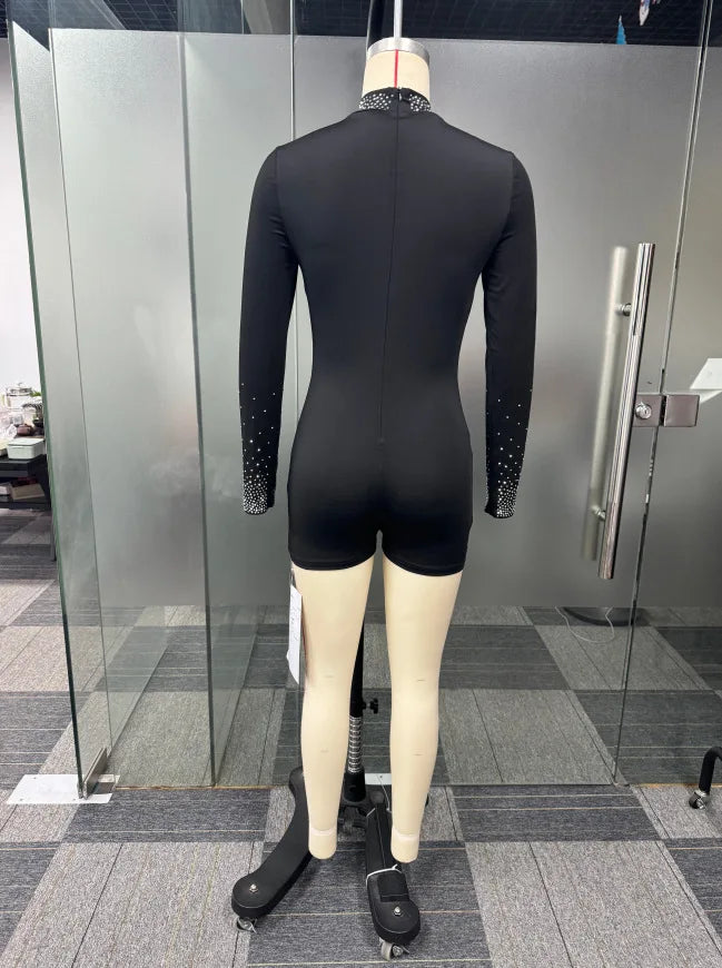 CM.YAYA Women Diamonds Mesh Patchwork Long Sleeve Playsuits Short Jumpsuits 2025 Spring Sexy Party Club One Piece Outfit Rompers