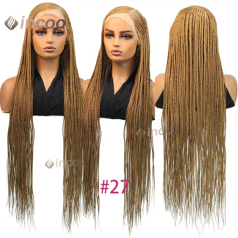 36" Cornrow Braided Wigs Synthetic Handmade Side Part Braided Wig Full Lace Frontal Braiding Wig Goddess Knotless Box Braids Wig
