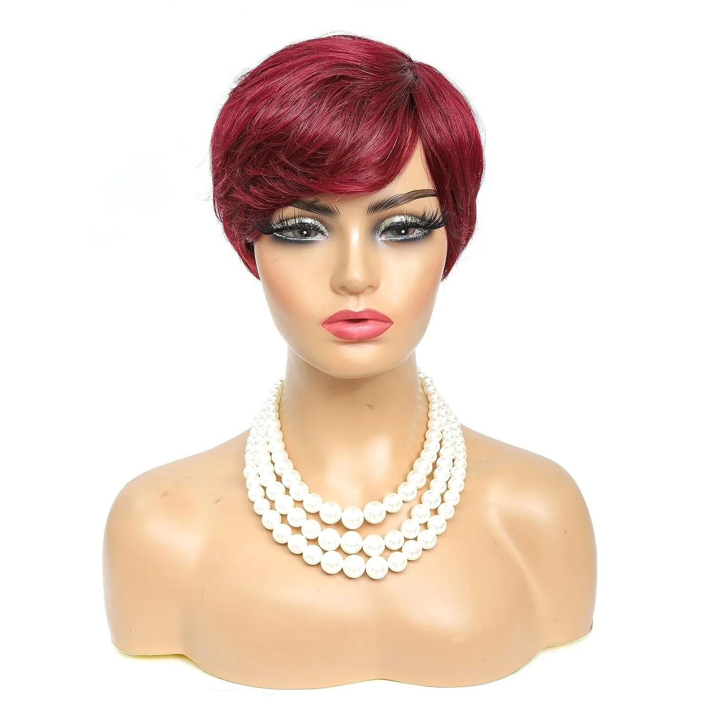 Sale 99J Pixie Cut Human Hair Short Layered Wigs for Women Right Side Long Bangs Wavy Hairstyle Machine Made Wig Burgundy Red C