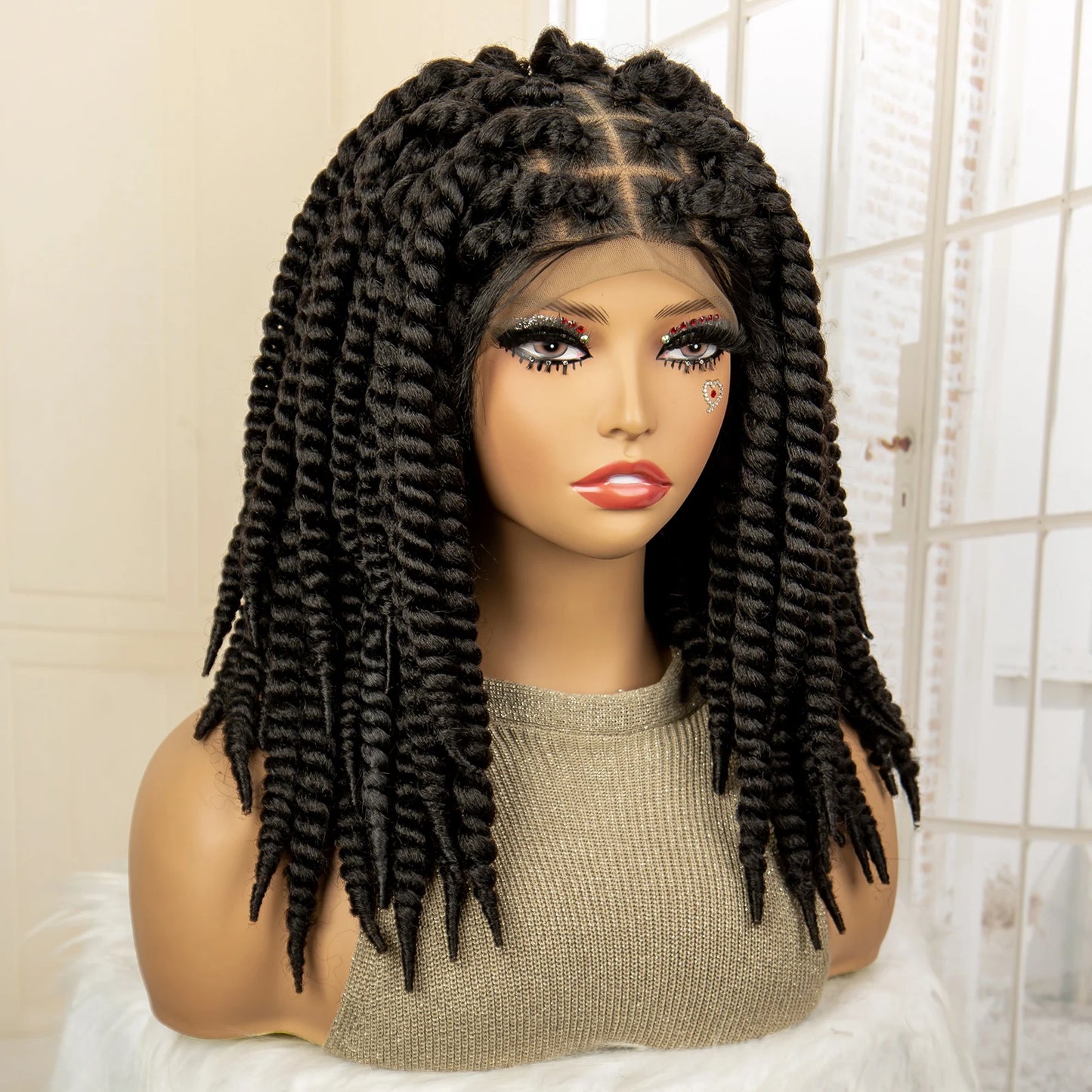 Synthetic Twisted Braided Wigs for Black Women Full Lace Synthetic Braided Wigs Brown Bob Wig Knotless 16 Inch