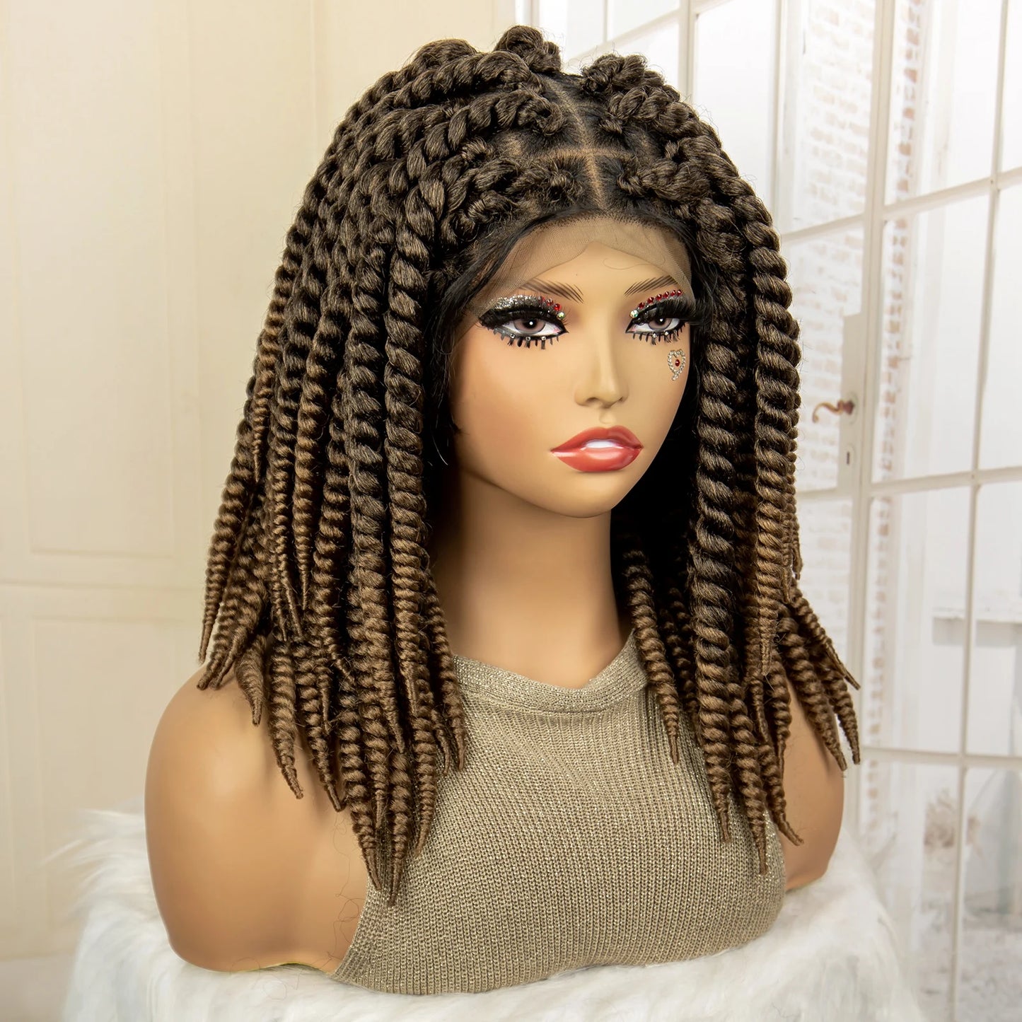 Synthetic Twisted Braided Wigs for Black Women Full Lace Synthetic Braided Wigs Brown Bob Wig Knotless 16 Inch