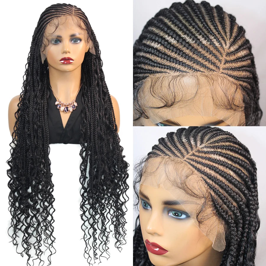 36Inch Knotless Box Braided Wigs Synthetic Full Lace Cornrows Braids Wig With Baby Hair Goddess Fulani Braiding Wigs Black Women