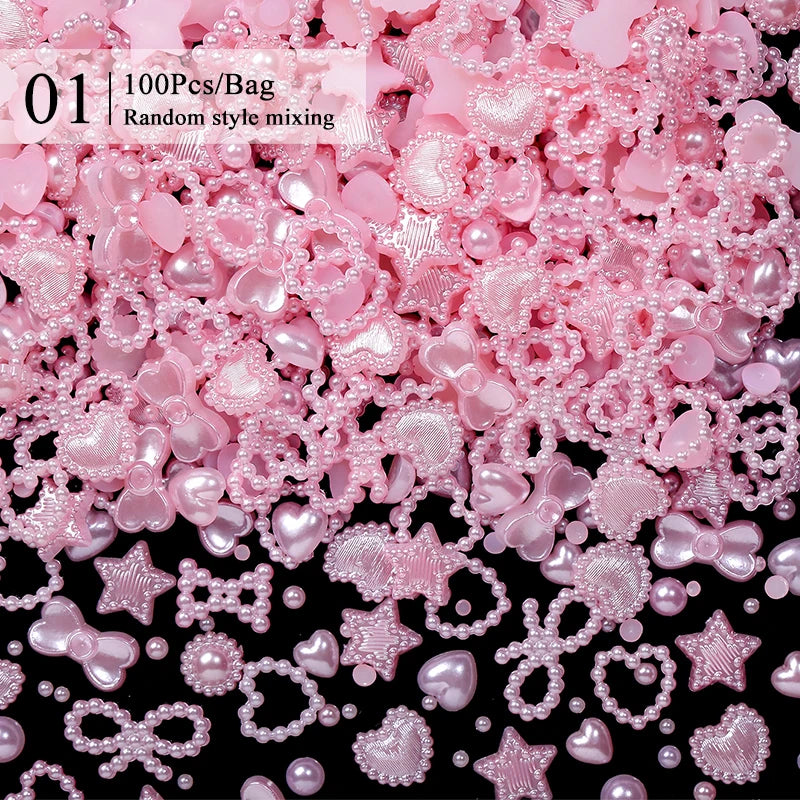100/200pcs 3D Mixed Nail Decorations Kawaii Heart Flower Bear Pearl Design Rhinestone Nail Art Charms Jewelry Manicure Accessory