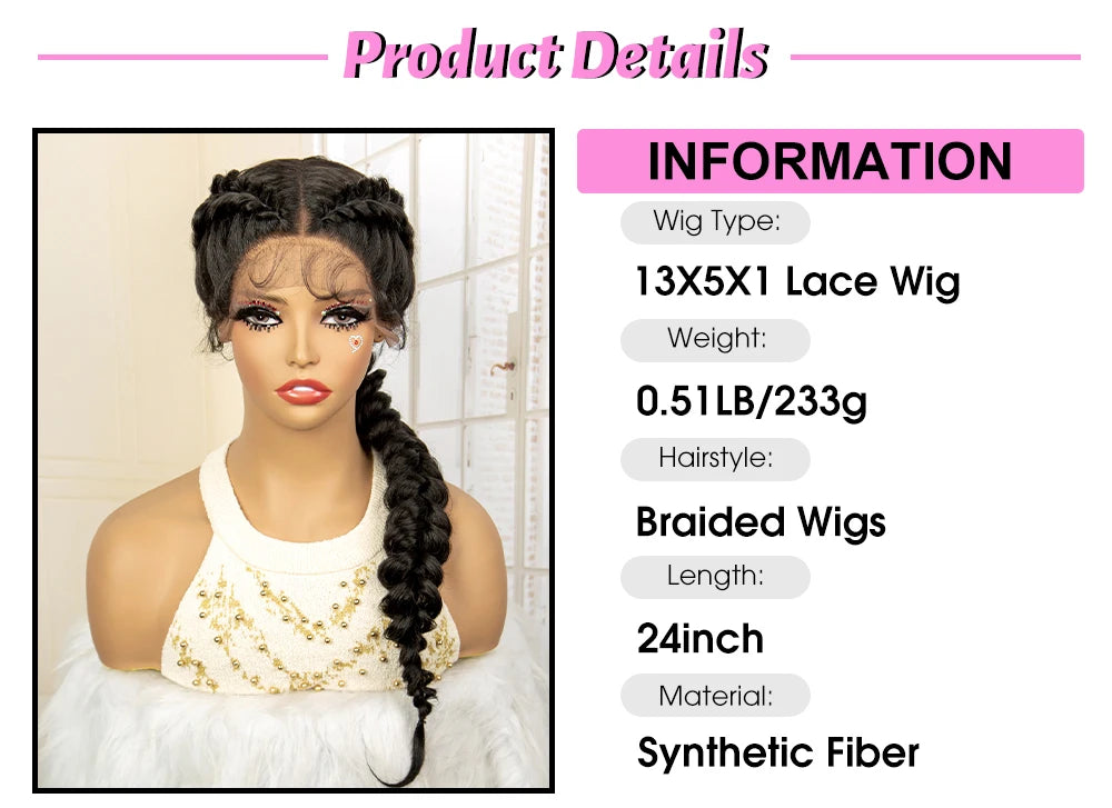 Synthetic Fishtail Braided Wigs Lace Front Wig 24 Inches Cornrow Braiding Wigs with Baby Hair for Black Women Braids Wig