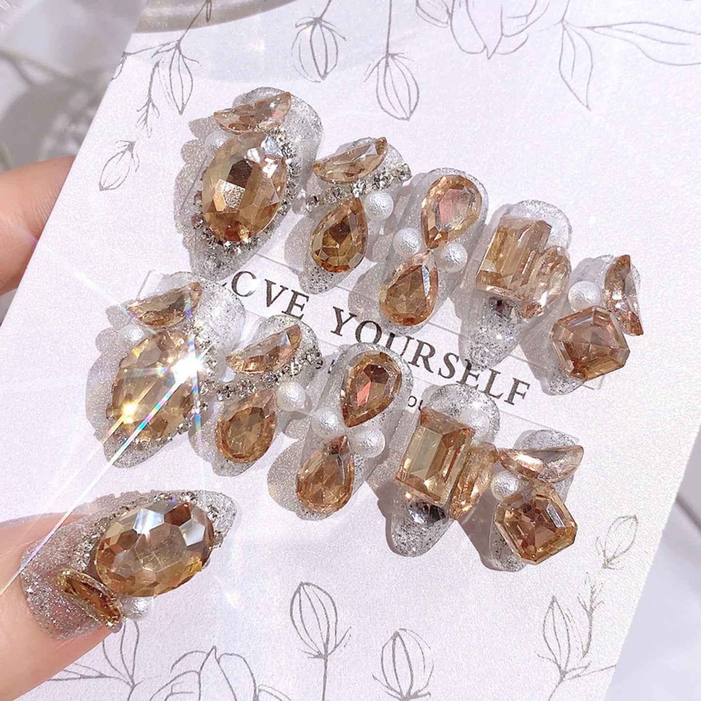 Glitter Fairy Rhinestone False nail Tips for Bride lady Wearable Sweet Crystal Design Press on Nails Mid Length Fake Nail Patch