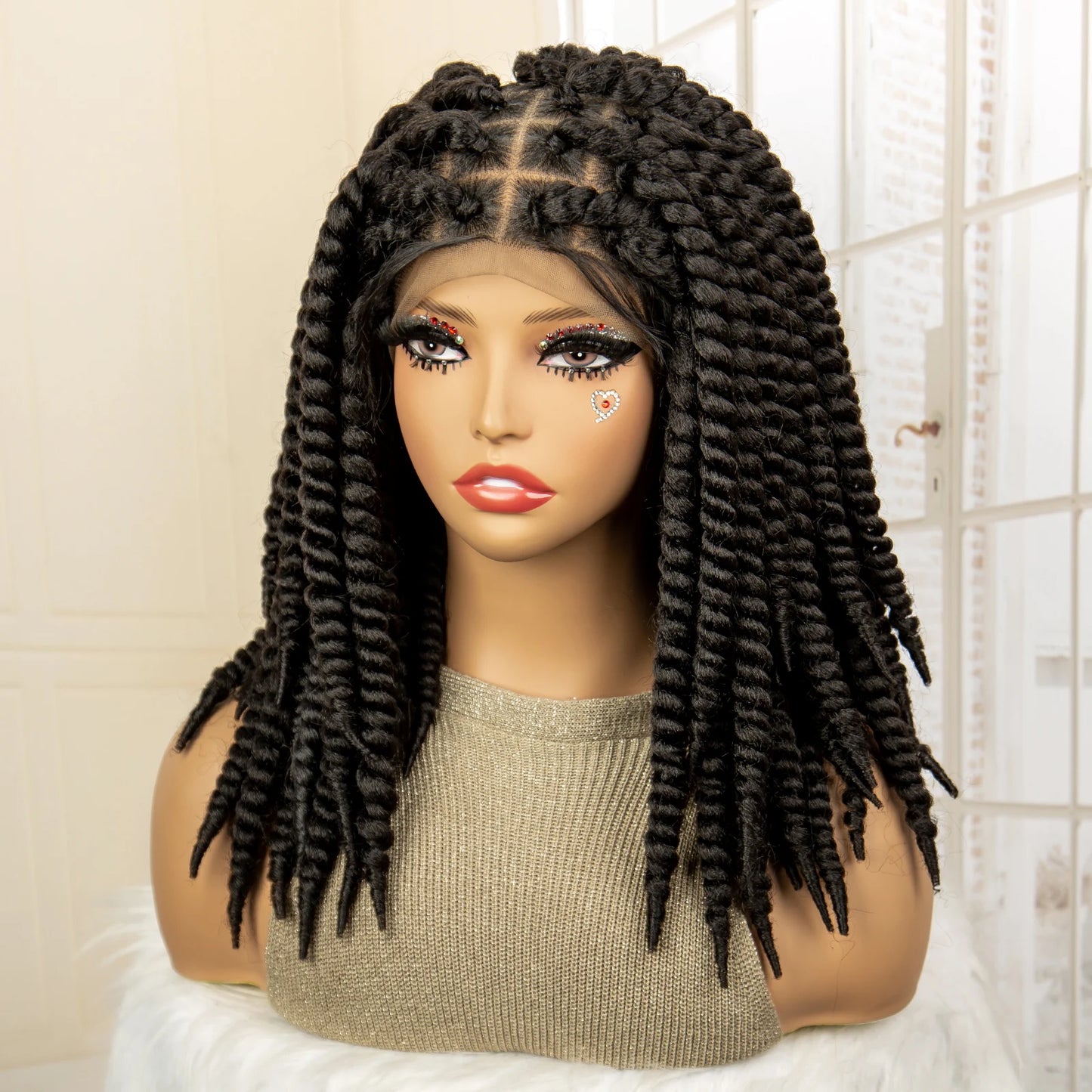 Synthetic Twisted Braided Wigs for Black Women Full Lace Synthetic Braided Wigs Brown Bob Wig Knotless 16 Inch