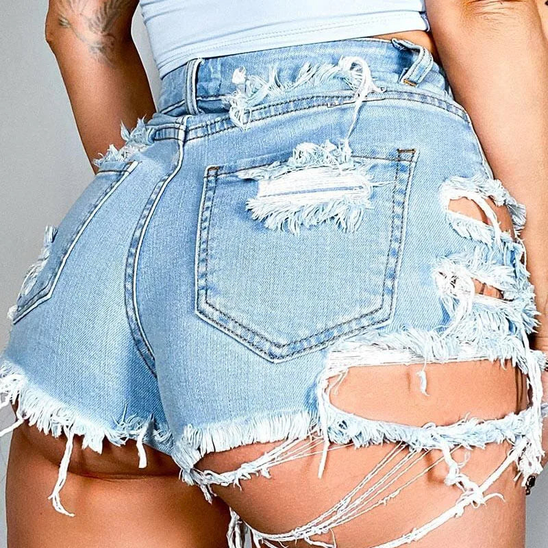 Summer Women Shorts Mini Jeans Lady Sexy Ripped Hot Fetish Denim Pants Lady High Street Party Elastic Denim Shorts