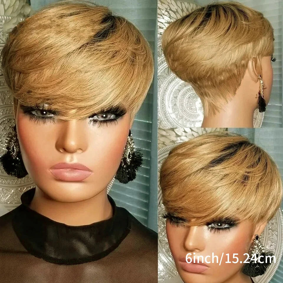 Short Human Hair Wigs Pixie Cut Straight Remy Brazilian Hair for Black Women Machine Made Wigs