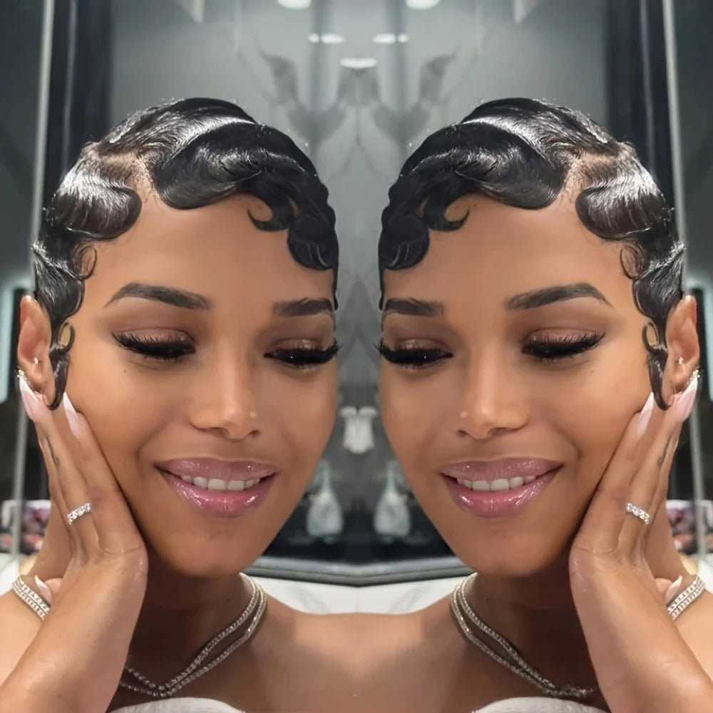 Finger Wave Brazilian Remy Human Hair 13x4 Lace Front Wig 180% Density Pixie Cut for Natural Look Black 99j wig