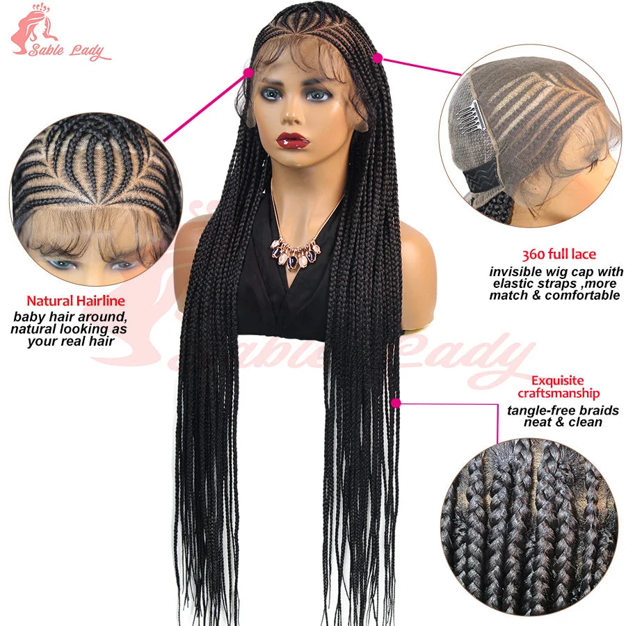 36Inch Knotless Box Braided Wigs Synthetic Full Lace Cornrows Braids Wig With Baby Hair Goddess Fulani Braiding Wigs Black Women