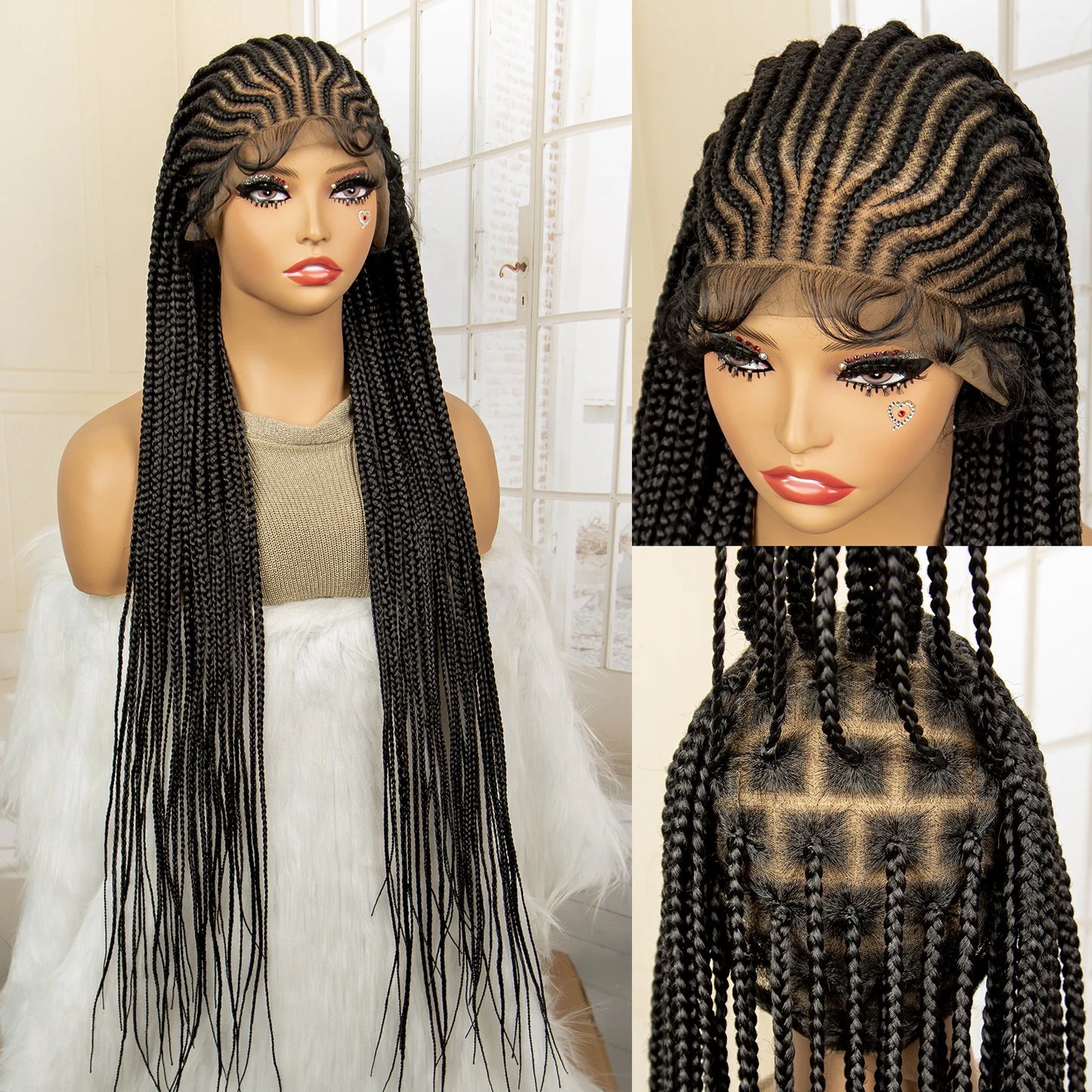 34 Inches Handmade Synthetic Braiding Wig HD Full Lace Cornrow Braided Wigs Back Knotless Box Braids Wig for Black Women