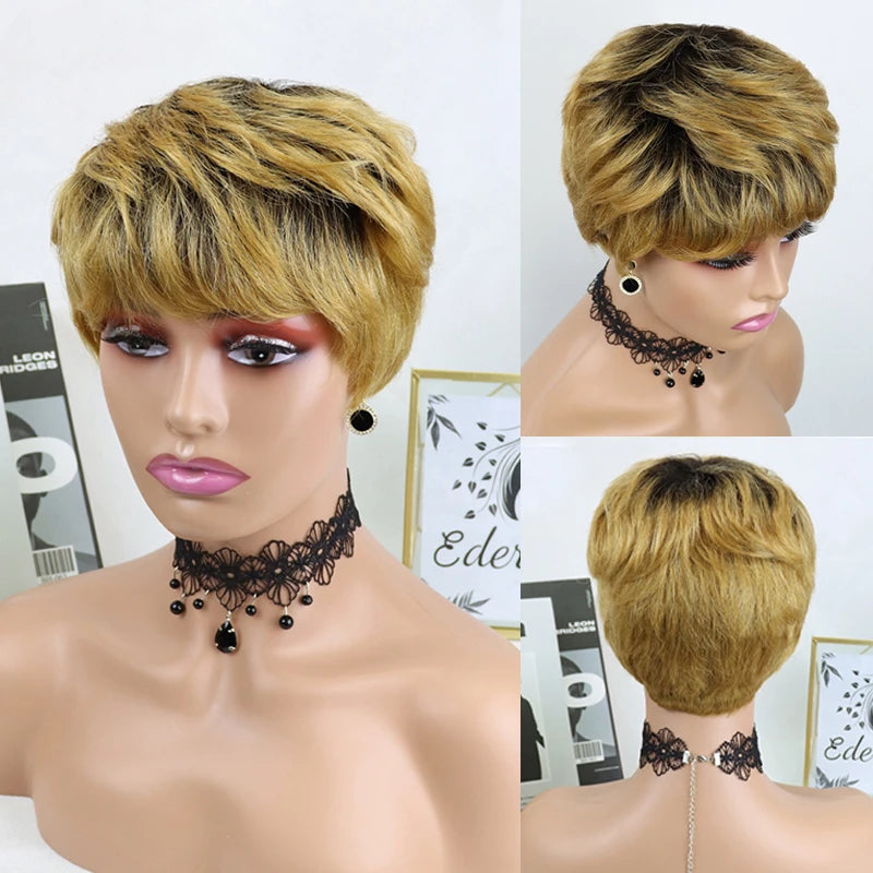 Short Human Hair Wigs Pixie Cut Straight Remy Brazilian Hair for Black Women Machine Made Wigs