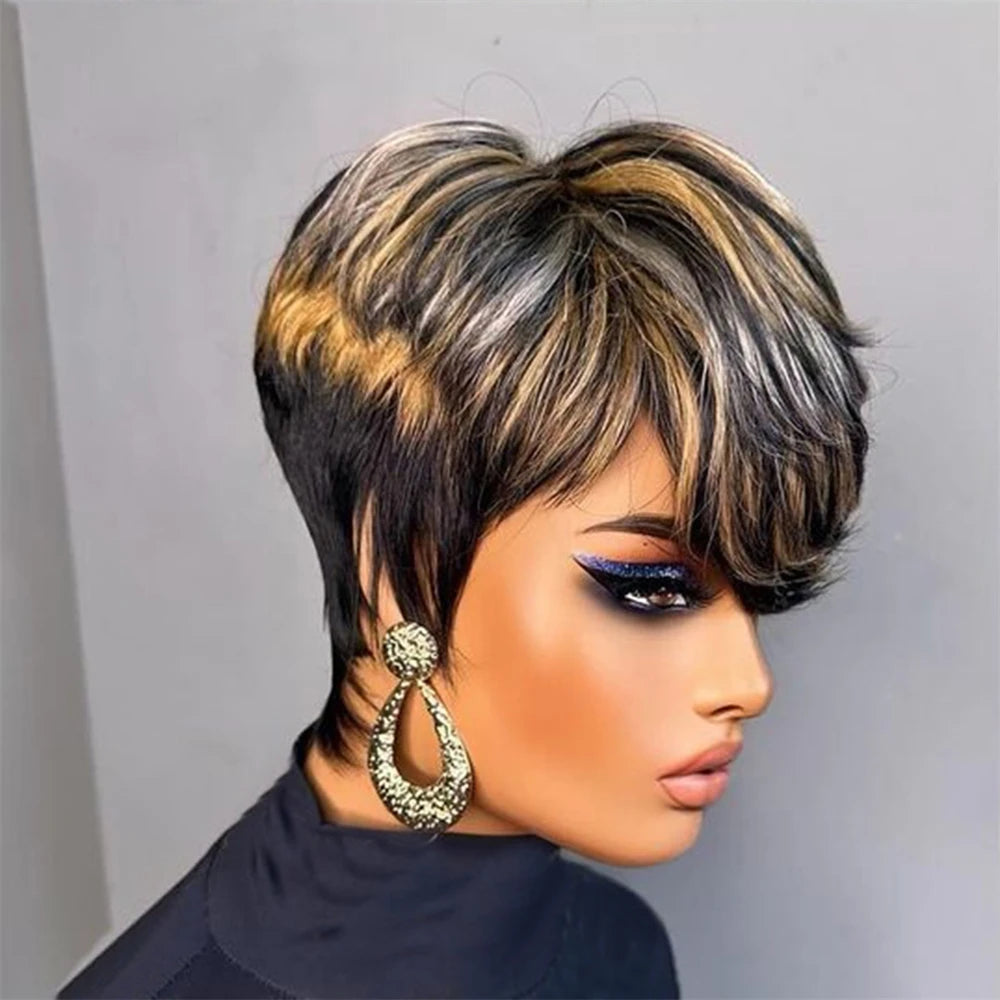 Pixie Cut Wig Human Hair Wigs for Black Women Full Machine Made Wigs Short Layered Haircut Wigs with Bangs Cheap Wigs For Women