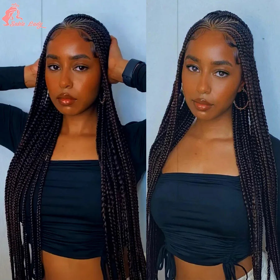 36Inch Knotless Box Braided Wigs Synthetic Full Lace Cornrows Braids Wig With Baby Hair Goddess Fulani Braiding Wigs Black Women