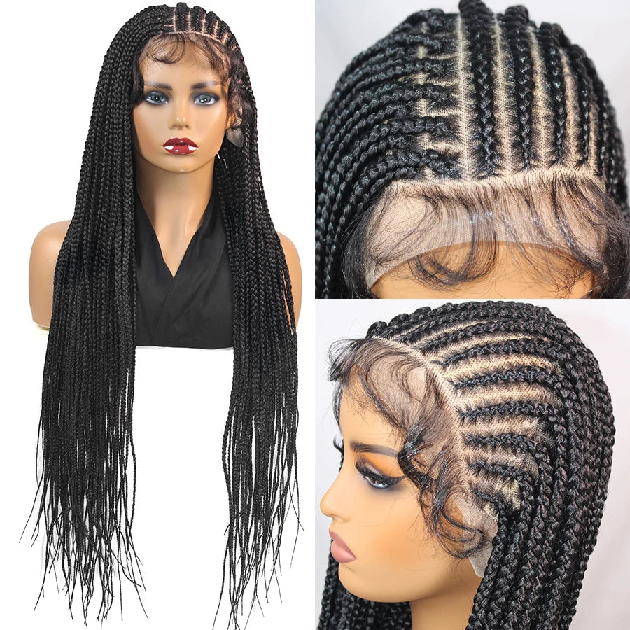 36Inch Knotless Box Braided Wigs Synthetic Full Lace Cornrows Braids Wig With Baby Hair Goddess Fulani Braiding Wigs Black Women