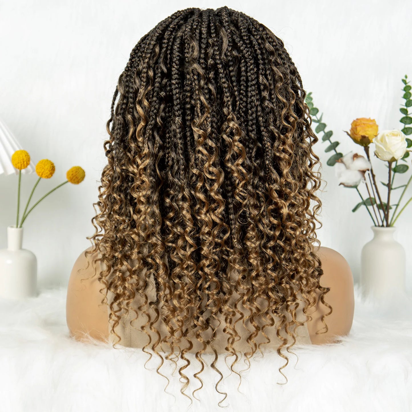 Kima Short Bohemian Box Braids Braided Wig Full Lace Boho Braided Wigs Synthetic Curly Hair with Baby Hair for Black Women