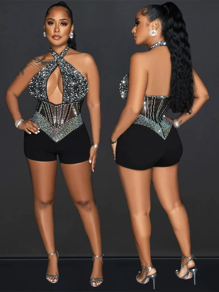 Weird Puss Sequins Halter Women Bodysuit Sparkle Hollow Backless Sleeveless Patchwork Sexy Stage Performance Party Playsuits