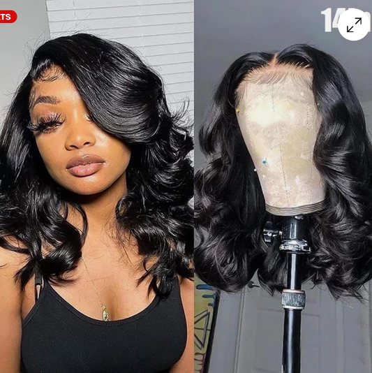 14" Brazilian Bob Wig Human Hair Black Wave Lace Front Glueless Wig