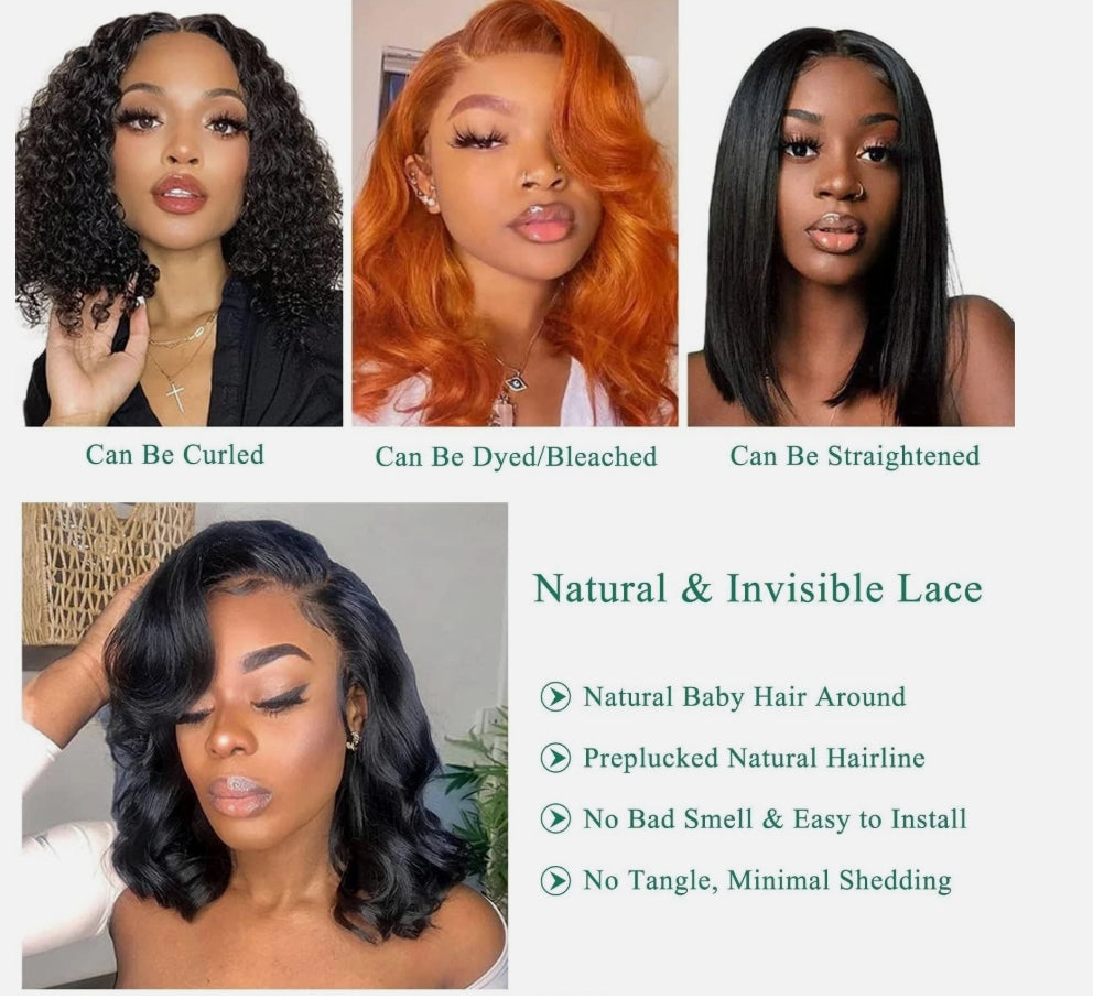 14" Glueless Brazilian Bob Wigs Human Hair Natural Black Wave Lace Front Wigs