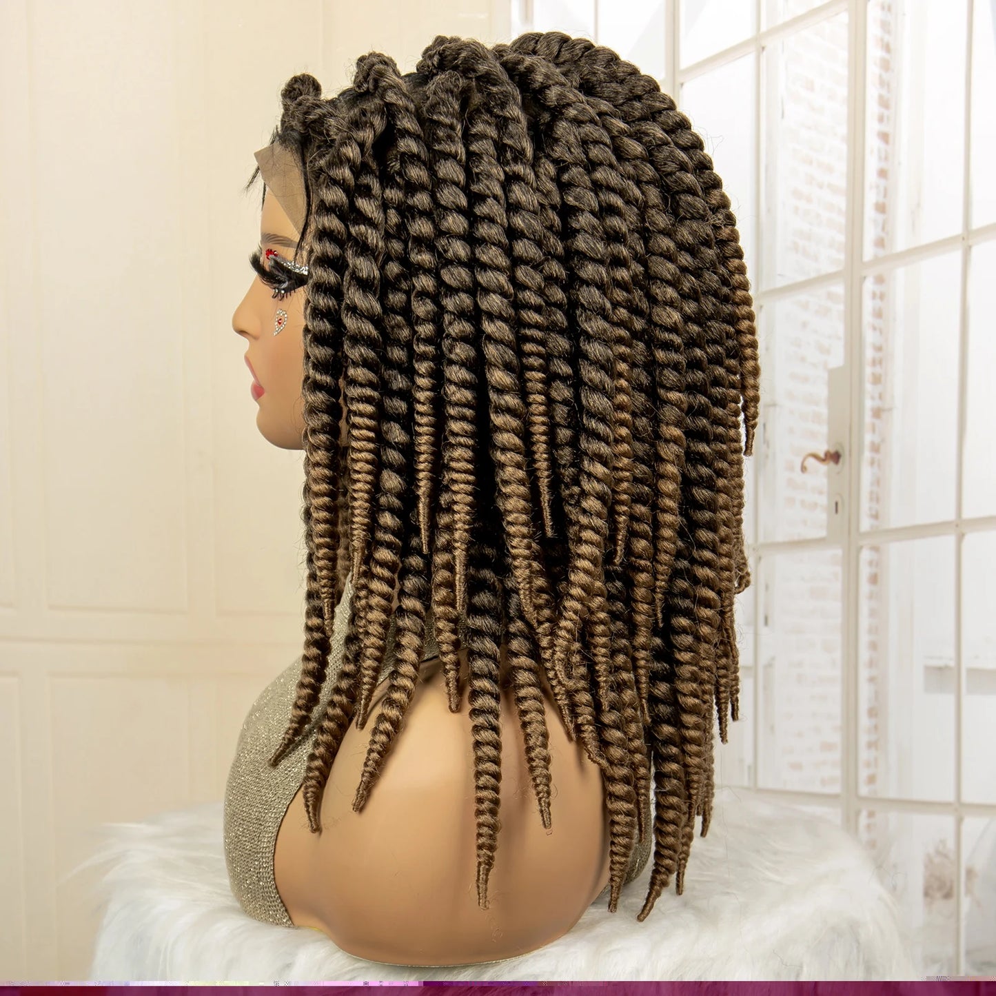 Synthetic Twisted Braided Wigs for Black Women Full Lace Synthetic Braided Wigs Brown Bob Wig Knotless 16 Inch