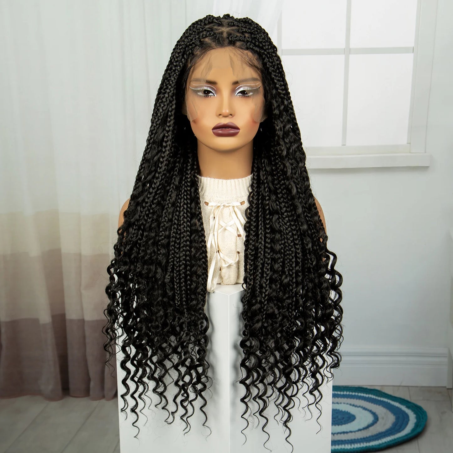32 inch Synthetic Braided Wigs Natural Curly Boho Braideds Wigs Full Lace Knotless Box Braids Wig with Baby Hair for Black Women