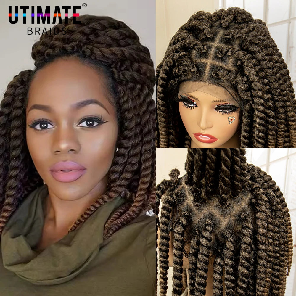 Synthetic Twisted Braided Wigs for Black Women Full Lace Synthetic Braided Wigs Brown Bob Wig Knotless 16 Inch