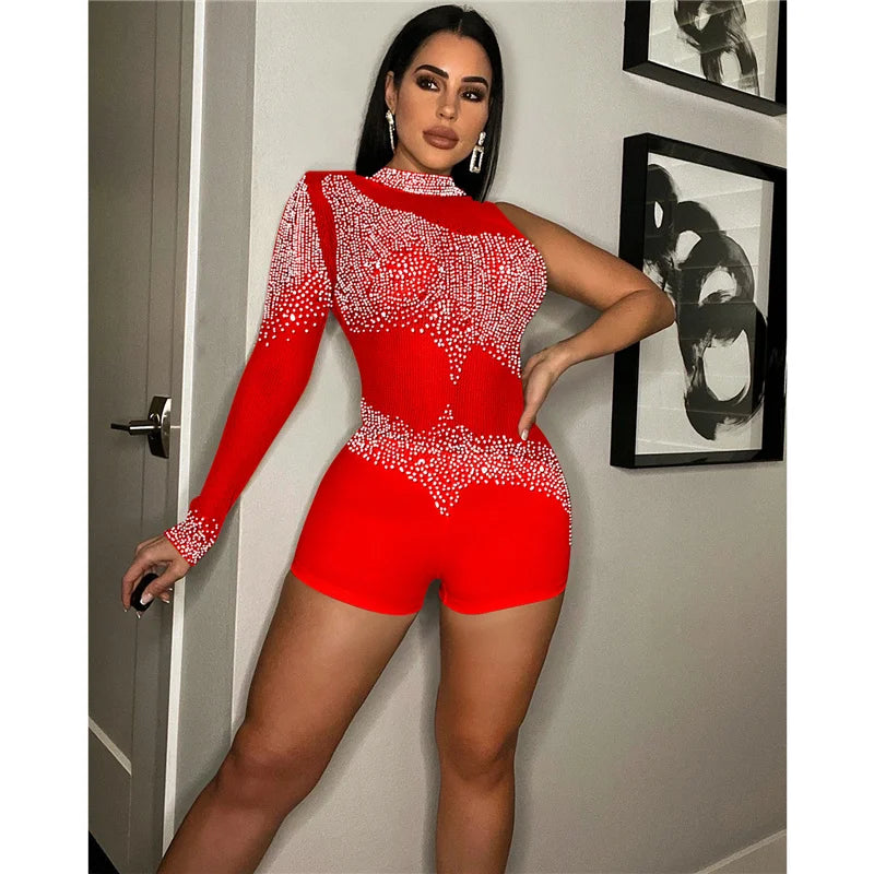 Sparkly Rhinestones Mesh Rompers Womens Jumpsuit Shorts Sexy Birthday Club Outfits One Sleeve Sheer Bodycon Playsuit Woman 2022