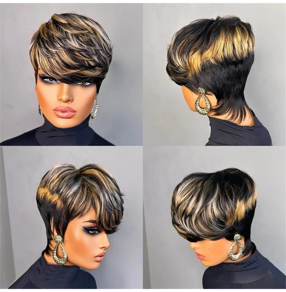 Pixie Cut Wig Human Hair Wigs for Black Women Full Machine Made Wigs Short Layered Haircut Wigs with Bangs Cheap Wigs For Women